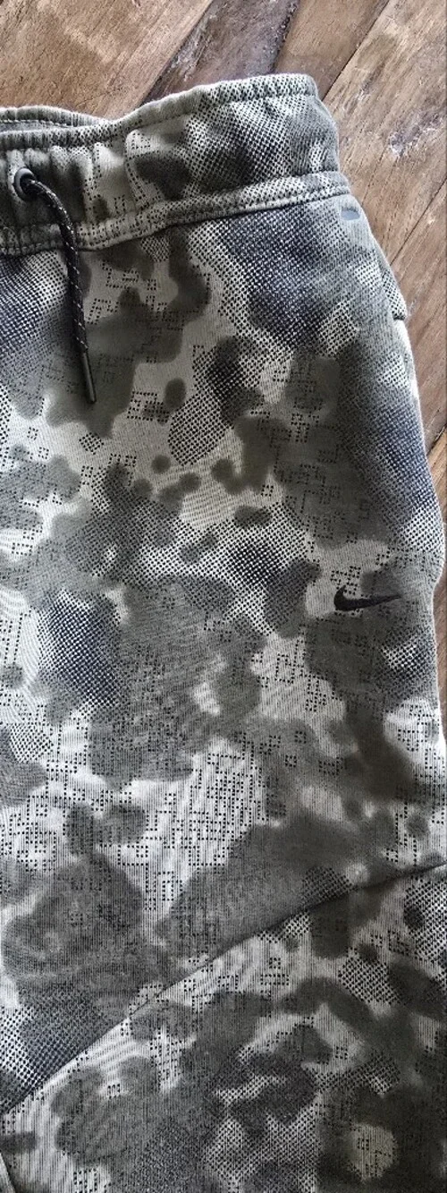 Nike Fleece Tech Olive Green Camouflage Joggers with Red Logo Patch